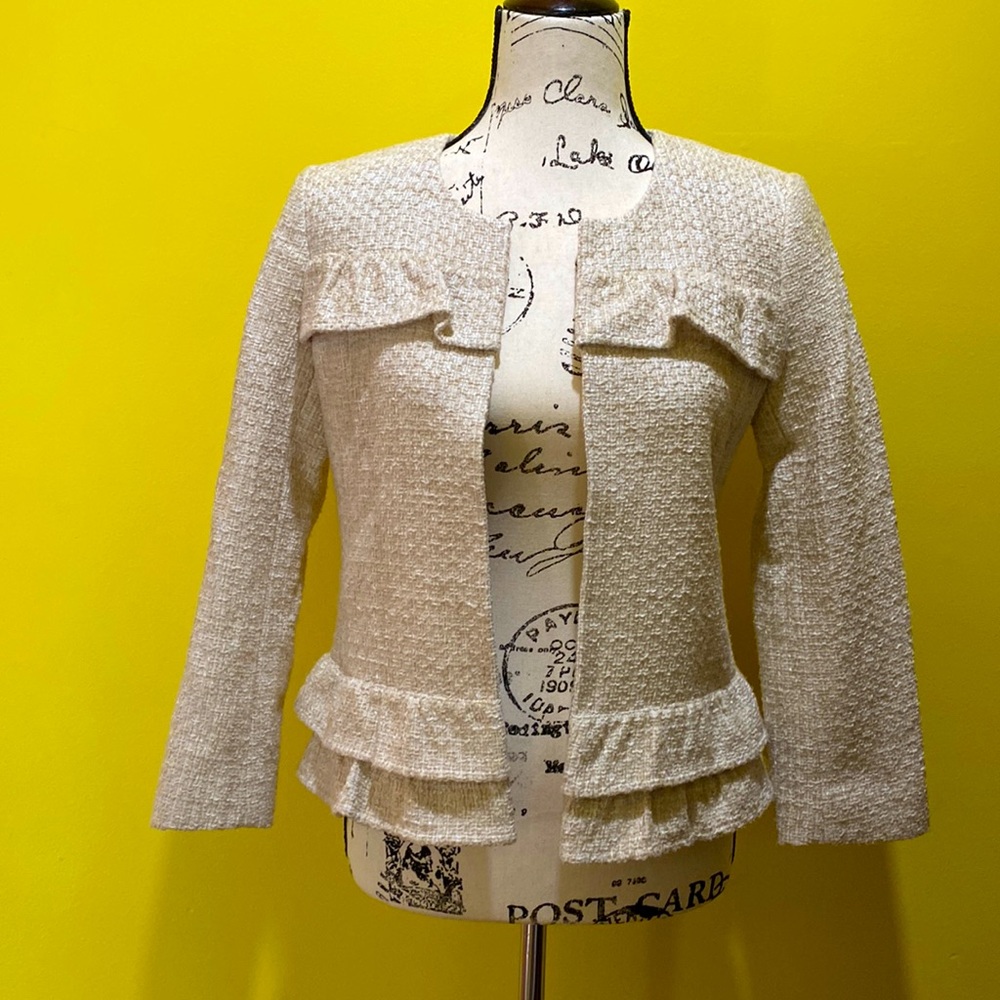 Ann Taylor Factory Tweed Open Front Ruffle Jacket/Blazer